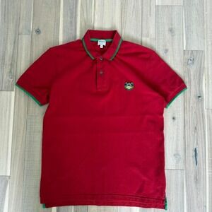 Kenzo red polo shirt with green trim and embroidered tiger logo. Size S